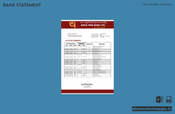 Bhutan Druk PNB Kontoauszug Wortbeispiel Vorschau